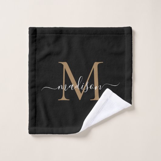 Moderne elegante Black Gold Monogram Script Name Badhandtuch Set (Waschlappen)