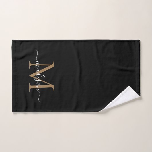 Moderne elegante Black Gold Monogram Script Name Badhandtuch Set (Handtuch)
