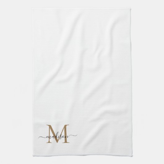 Moderne elegante Black Gold Monogram Script Name Geschirrtuch (Vertikal)
