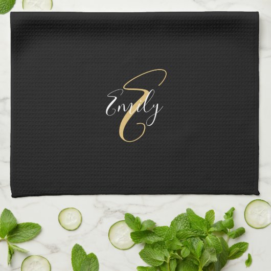 Moderne elegante Black Gold Monogram Script Name Geschirrtuch (Gefaltet)