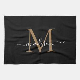 Moderne elegante Black Gold Monogram Script Name Geschirrtuch