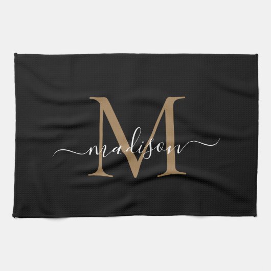 Moderne elegante Black Gold Monogram Script Name Geschirrtuch (Horizontal)
