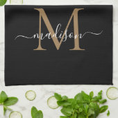 Moderne elegante Black Gold Monogram Script Name Geschirrtuch (Gefaltet)