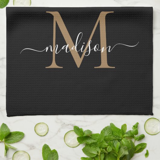 Moderne elegante Black Gold Monogram Script Name Geschirrtuch (Gefaltet)