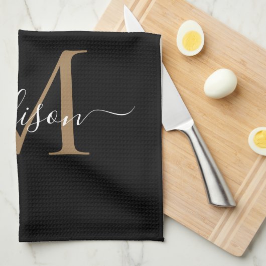Moderne elegante Black Gold Monogram Script Name Geschirrtuch (Viertel Falte)