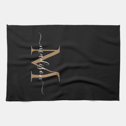 Moderne elegante Black Gold Monogram Script Name Geschirrtuch (Horizontal)
