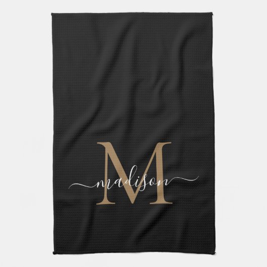 Moderne elegante Black Gold Monogram Script Name Geschirrtuch (Vertikal)