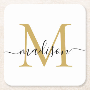 Moderne elegante Black Gold Monogram Script Name Rechteckiger Pappuntersetzer