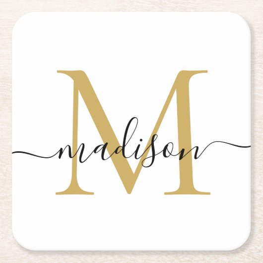 Moderne elegante Black Gold Monogram Script Name Rechteckiger Pappuntersetzer (Vorderseite)