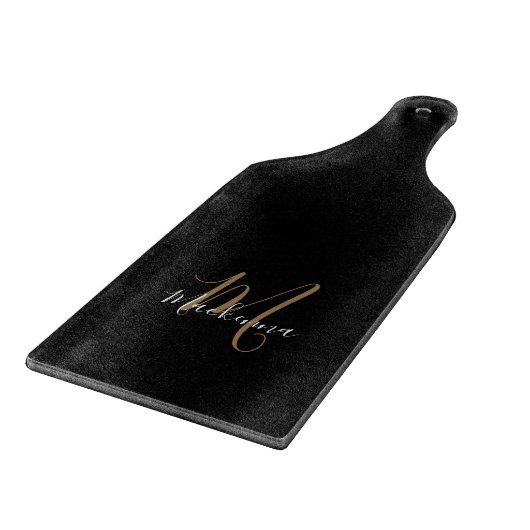 Moderne elegante Black Gold Monogram Script Name Schneidebrett (Ecke)