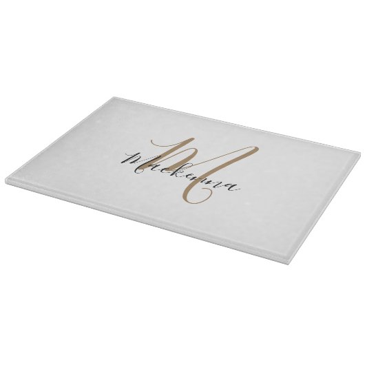 Moderne elegante Black Gold Monogram Script Name Schneidebrett (Ecke)