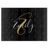 Moderne elegante Black Gold Monogram Script Name Schneidebrett (Vorderseite)