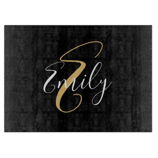 Moderne elegante Black Gold Monogram Script Name Schneidebrett (Vorderseite)