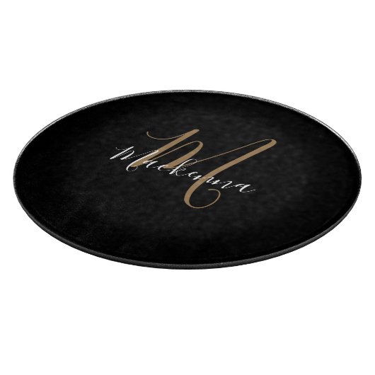 Moderne elegante Black Gold Monogram Script Name Schneidebrett (Ecke)