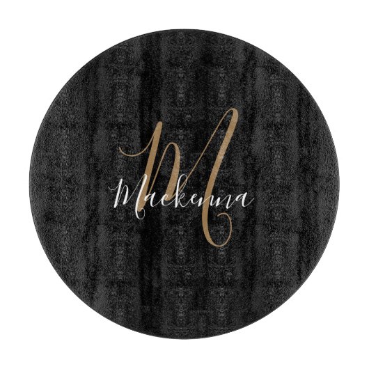 Moderne elegante Black Gold Monogram Script Name Schneidebrett (Vorderseite)
