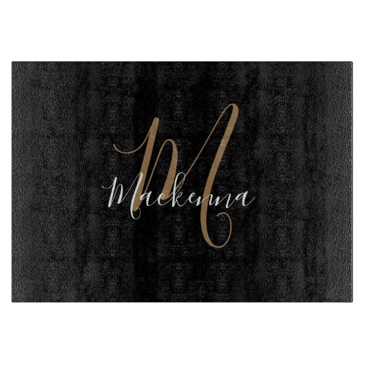 Moderne elegante Black Gold Monogram Script Name Schneidebrett (Vorderseite)