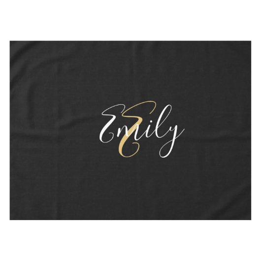 Moderne elegante Black Gold Monogram Script Name Tischdecke (Vorderseite (Horizontal))