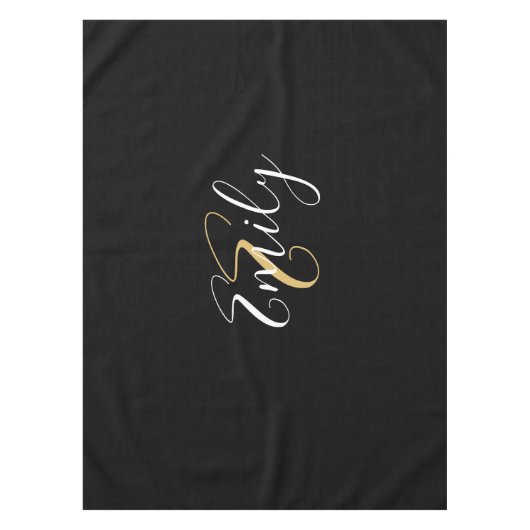 Moderne elegante Black Gold Monogram Script Name Tischdecke (Vorderseite)