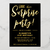 Moderne Elegante Black & Gold Überraschung Geburts Folieneinladung (Vorderseite)