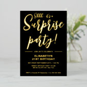 Moderne Elegante Black & Gold Überraschung Geburts Folieneinladung (Stehend vorne)