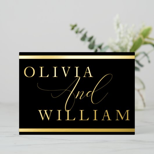 Moderne Elegante Black & Gold Wedding Golden Folieneinladung (Stehend vorne)