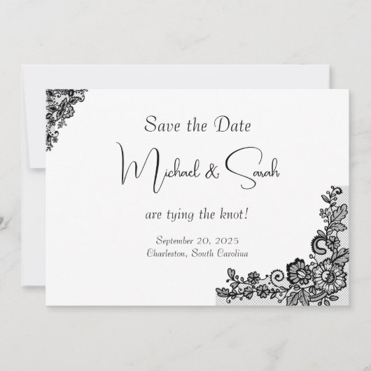 Moderne elegante Black Lace Save the Date Card (Vorderseite)