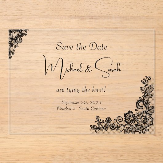 Moderne elegante Black Lace Save the Date Card Acryleinladungen (Vorderseite)