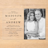 Moderne, elegante Black Script-Foto-Hochzeit Acryleinladungen (Vorderseite)