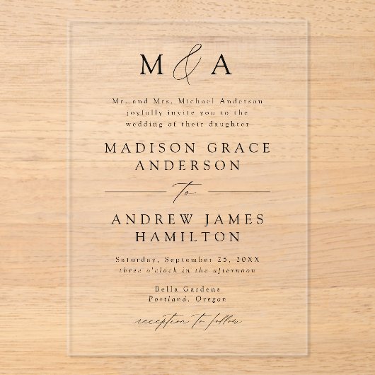 Moderne elegante Black Script Monogram Wedding Acryleinladungen (Vorderseite)