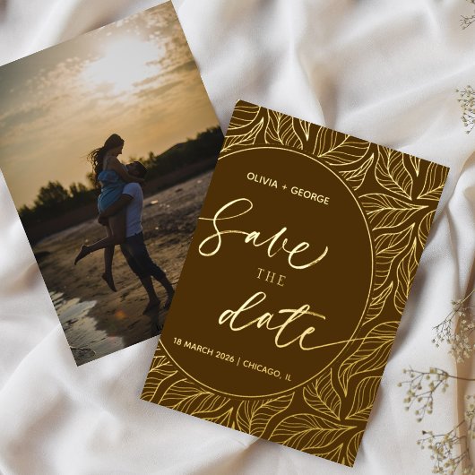 Moderne Elegante Blätter Foto Save the Date Folieneinladung