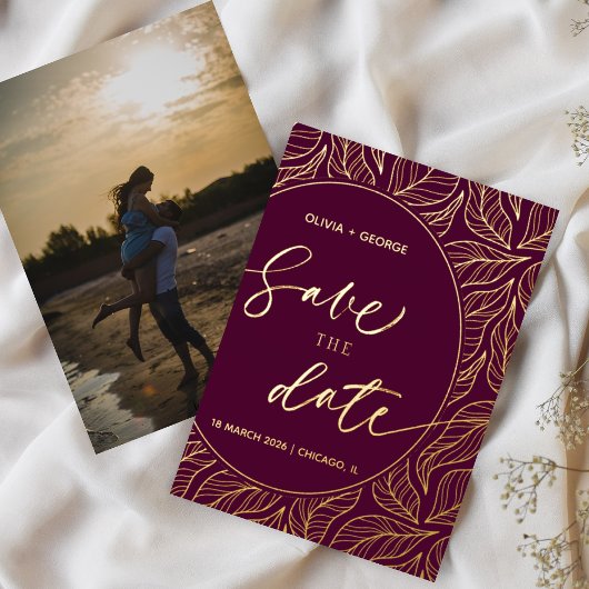 Moderne Elegante Blätter Foto Save the Date Folieneinladung