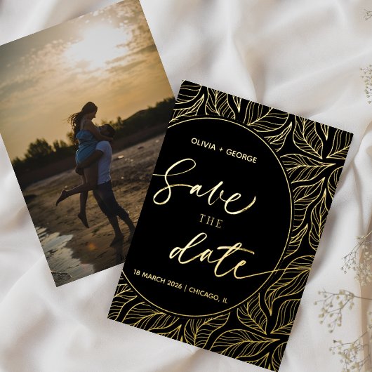 Moderne Elegante Blätter Foto Save the Date Folieneinladung