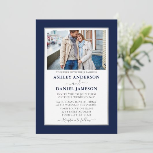 Moderne, elegante, blau gestreifte Silberhochzeit Einladung (Stehend Vorderseite)