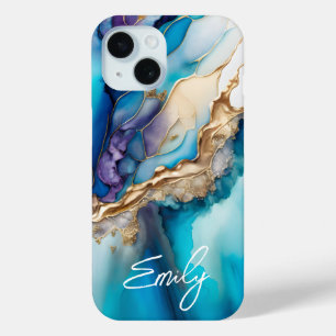 Moderne elegante blaue goldene Marmor-Personalisie Case-Mate iPhone Hülle