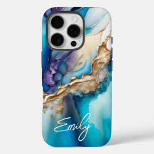 Moderne elegante blaue goldene Marmor-Personalisie iPhone 16 Pro Hülle