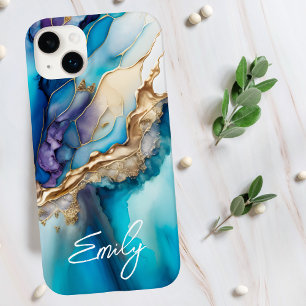 Moderne elegante blaue goldene Marmor-Personalisie Case-Mate iPhone 14 Plus Hülle