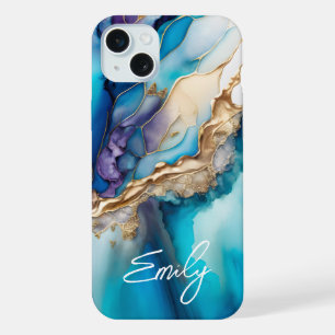 Moderne elegante blaue goldene Marmor-Personalisie iPhone 15 Plus Hülle