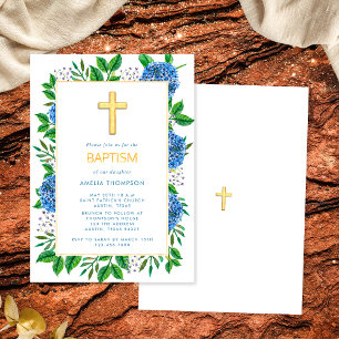 Moderne elegante blaue Hortensien Goldkreuz Taufe Einladung