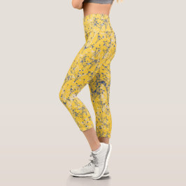 Moderne elegante blaue Senf-Gelbe Wildblumen Capri Leggings