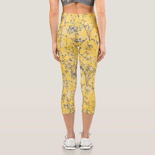 Moderne elegante blaue Senf-Gelbe Wildblumen Capri Leggings (Rückseite)
