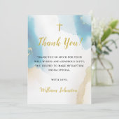 Moderne elegante blaue Taufe Danke Karte (Stehend Vorderseite)