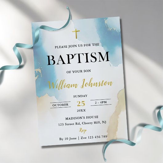 Moderne elegante Blaue Taufe Einladung