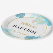 Moderne elegante Blaue Taufe Pappteller (Schrägansicht)