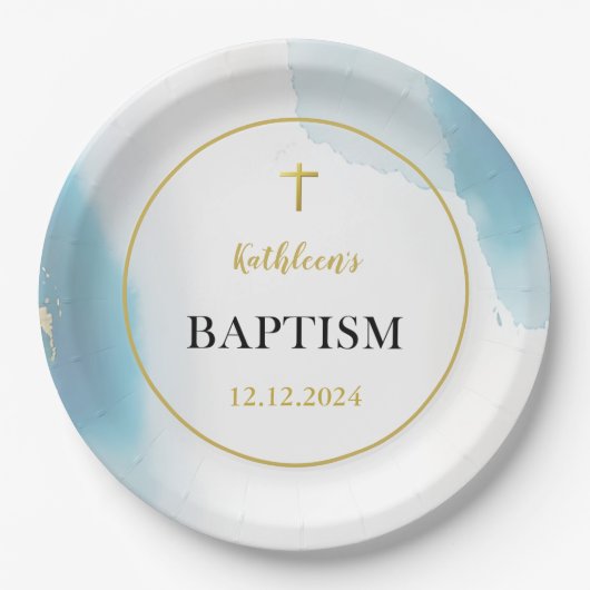 Moderne elegante Blaue Taufe Pappteller (Vorderseite)