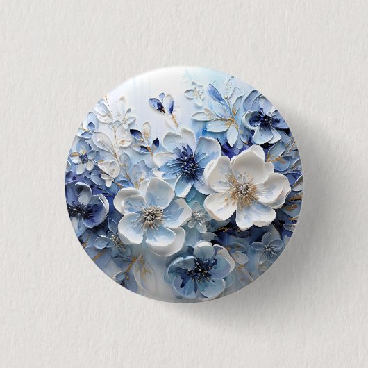 Moderne elegante blaue weiße botanische Blumen Button (Vorderseite)