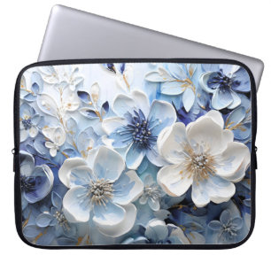 Moderne elegante blaue weiße botanische Blumen Laptopschutzhülle