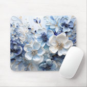 Moderne elegante blaue weiße botanische Blumen Mousepad (Mit Mouse)