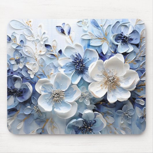 Moderne elegante blaue weiße botanische Blumen Mousepad (Vorne)