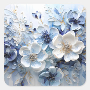 Moderne elegante blaue weiße botanische Blumen Quadratischer Aufkleber
