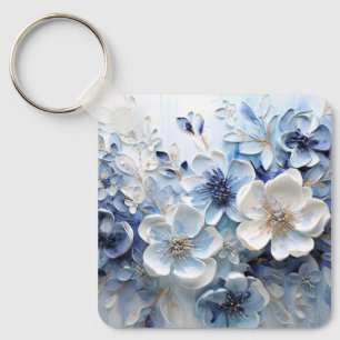 Moderne elegante blaue weiße botanische Blumen Schlüsselanhänger